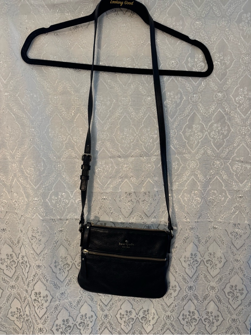 kate spade Black Leather Crossbody with Front Zip Pocket
